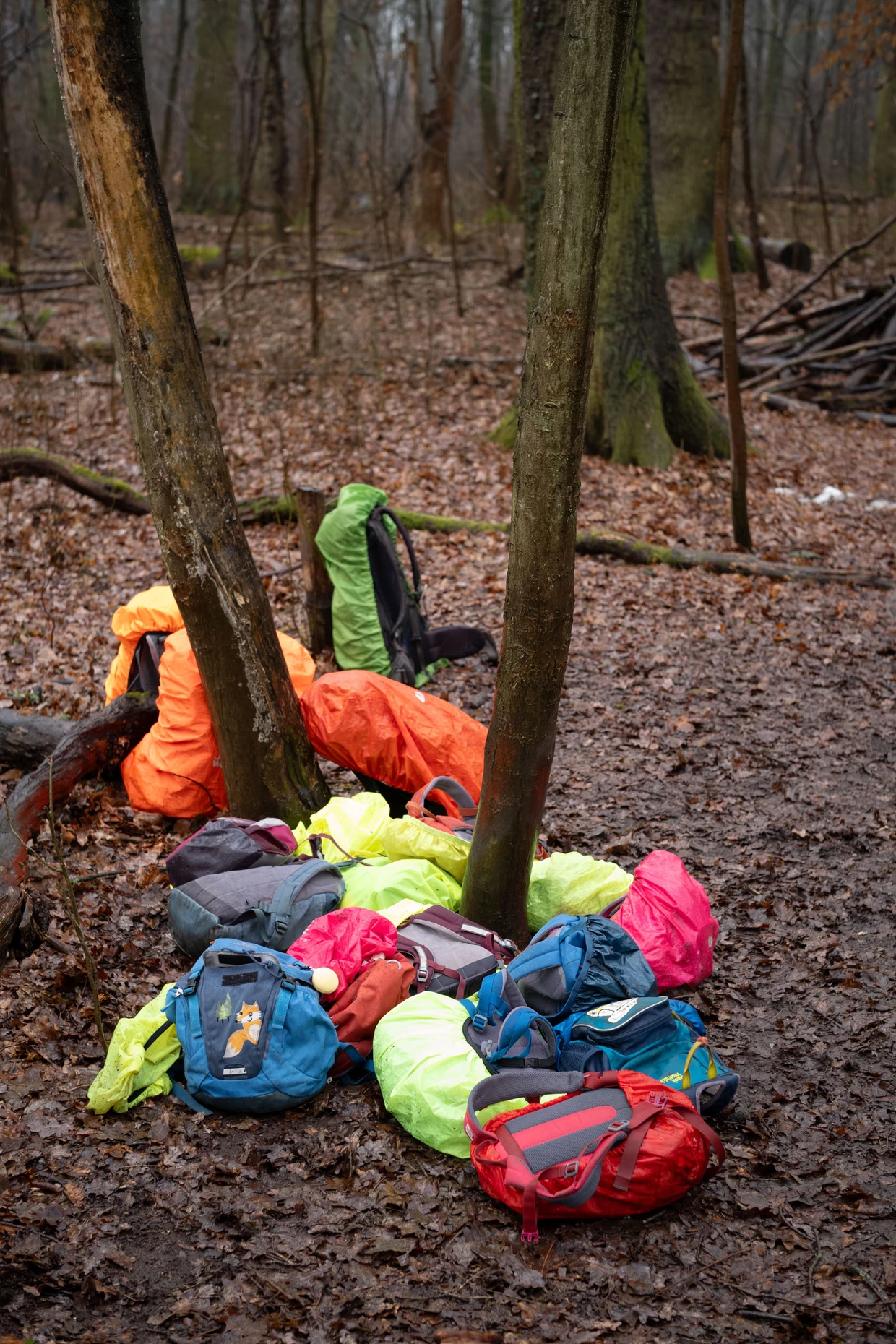 Bunter Haufen: In ihren Rucksäcken haben die Kinder ihr zweites Frühstück und Wechselsachen dabei.