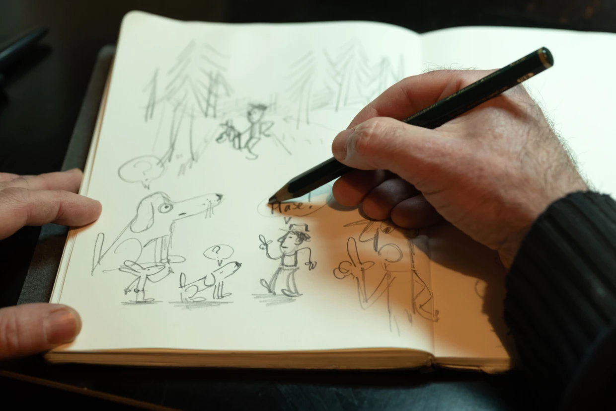 Ein Hund wird seine nächste Hauptfigur (unten): Der Comickünstler und Illustrator Sylvain Mérot in seiner Galerie