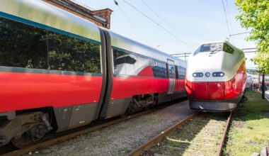 Ein TGV fährt neben einem anderen ein.