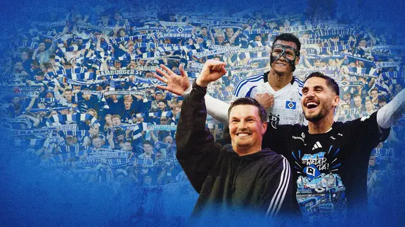Merlin Polzin, Davie Selke und Ludovit Reis feiern den Aufstieg des HSV. | Imago/Revierfoto/osnapix/picture alliance / HMB Media | Fernando Soares Merlin Polzin, Davie Selke und Ludovit Reis feiern den Aufstieg des HSV.