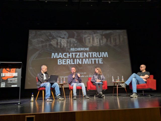 Zwei Moderator*innen diskutieren mit dem Journalisten Jörg Kronauer und dem Autoren und YouTuber Fabian Lehr über Aufrüstung in Berlin.