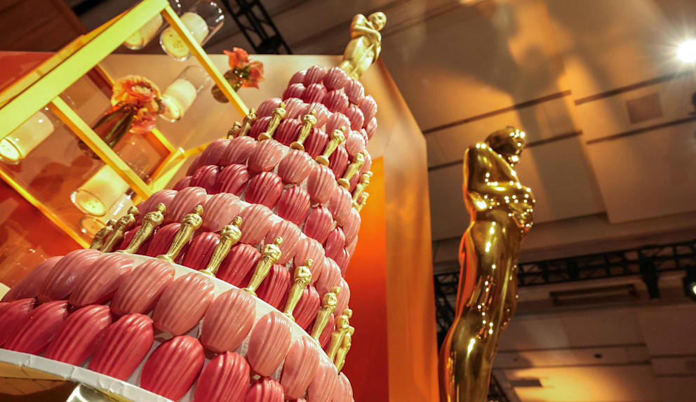 Das aufgebaute Schokoladen-Arrangement voller Oscars ist eines der Highlights