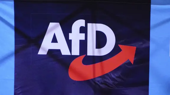Fahne mit dem AfD-Logo auf einer Bühne in Hamburg.