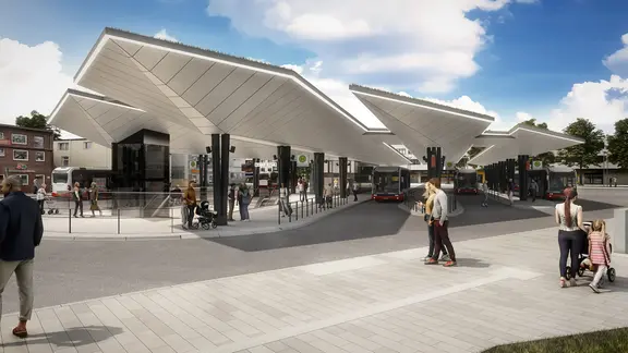 So wie in dieser Visualisierung soll der Busbahnhof im Hamburger Stadtteil Rahlstedt nach seiner Erweiterung aussehen. | Hamburger Hochbahn So wie in dieser Visualisierung soll der Busbahnhof im Hamburger Stadtteil Rahlstedt nach seiner Erweiterung aussehen.
