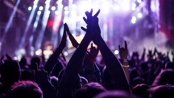 Blick von Hinten auf ein Publikum, das auf einem Konzert in blauer Lichstimmung jubelt. | panthermedia, bernardbodo Blick von Hinten auf ein Publikum, das auf einem Konzert in blauer Lichstimmung jubelt.