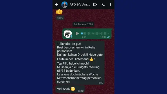 Diese WhatsApp-Nachricht soll Vorwürfe gegen Niedersachsens AfD-Chef Schledde belegen. | keine Angaben Screenshot eines Chats auf WhatsApp
