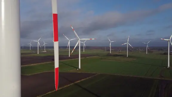Zahlreiche Windräder mit Rot-Weißen Rotorblättern stehen auf offener Fläche. | NDR Screenshot Zahlreiche Windräder mit Rot-Weißen Rotorblättern stehen auf offener Fläche.