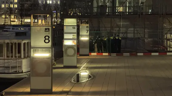 Polizisten bei einem Einsatz wegen eines Wolfs an der Hamburger Binnenalster. | NDR, Elias Bartl Polizisten bei einem Einsatz wegen eines Wolfs an der Hamburger Binnenalster.
