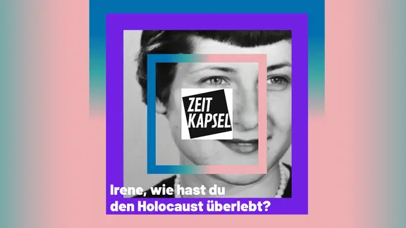 Grafik zum Podcast "Zeitkapsel: Irene, wie hast du den Holocaust überlebt?" mit einem Jugendbild der Protagonistin Irene Butter, geborene Hasenberg | ARD/ZDF-Content-Netzwerk funk Grafik zum Podcast "Zeitkapsel: Irene, wie hast du den Holocaust überlebt?" mit einem Jugendbild der Protagonistin Irene Butter, geborene Hasenberg