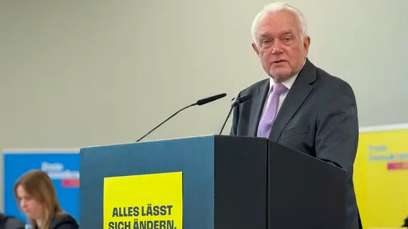 Wolfgang Kubicki spricht hinter dem Rednerpult bei einem Parteitag der FDP Schleswig-Holstein in Neumünster.