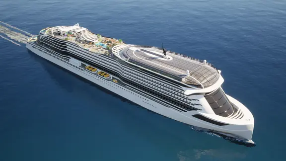 "Vision" heißt die nun von der Meyer Werft vorgestellte Konzeptstudie eines E-Kreuzfahrtschiffs. | Meyer-Werft-Grafik Die Meyer Werft hat diese Konzeptstudie eines E-Kreuzfahrtschiffes vorgestellt.