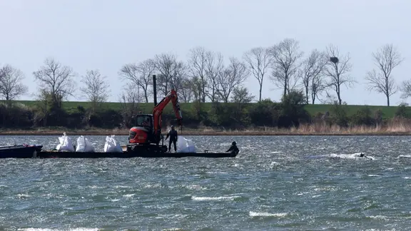 Die weißen "Big Bags" wurden am Freitag angeliefert. | dpa, Bernd Wüstneck Eine schwimmende Plattform nähert sich dem gestrandeten Buckelwal vor der Insel Poel.