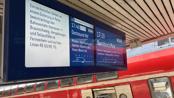 Die Anzeigetafel an einem Bahnhof weist auf einen technischen Defekt an einem Güterzug in Peine hinn | privat Die Anzeigetafel an einem Bahnhof weist auf einen technischen Defekt an einem Güterzug in Peine hinn