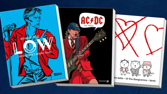 Collage der Buchcover: "AC/DC - Das Comic!", "Ab dafür - 10 Trio-Songcomics" und "Low" von Reinhard Kleist