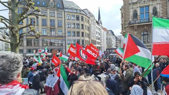Teilnehmende und Polizei bei der pro-palästinensischen Demo am Hamburger Rathaus. | NDR / Finn Kessler Teilnehmende und Polizei bei der pro-palästinensischen Demo am Hamburger Rathaus.