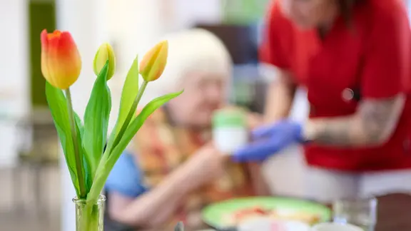 Eine Pflegekraft in roter Kleidung reicht einer älteren Person eine Tasse. Im Vordergrund steht eine Vase mit drei Tulpen.