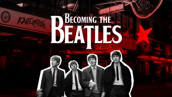 Das Bild zeigt die Beatles vor rotem Hintergrund mit St. Pauli-Motiven und den Titel: "Becoming the Beatles". | picture-alliance / dpa | Ipol Das Bild zeigt die Beatles vor rotem Hintergrund mit St. Pauli-Motiven und den Titel: "Becoming the Beatles".