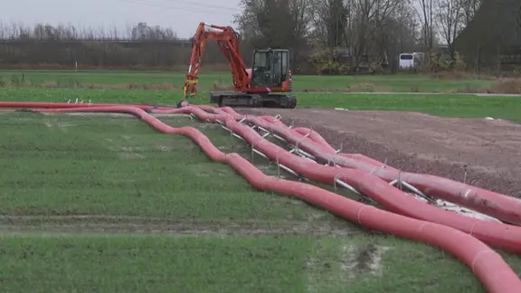 Rote Kabel auf einer grünen Wiese, daneben ein Bagger.