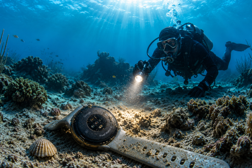 Illustration eines Tauchers im karibischen Ozean, der mit einer Taschenlampe eine Smartwatch auf dem Meeresboden untersucht. Die Uhr liegt zwischen Korallen und Sand, während Sonnenstrahlen durch das klare, blaue Wasser fallen und die Unterwasserszene beleuchten.