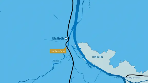 Das ist der Standort der Huntebrücke in Elsfleth - hier kam es 2024 zur Kollision. | NDR Eine Karte zeigt den Ort einer Kollision eines Binnenschiffs mit der Huntebrücke.