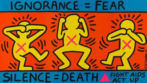 Knallige Farben und Comic-Stil: Keith Harings Pop-Art-Werke sind in Apolda zu sehen | Keith Haring Foundation Bild von Keith Haring mit drei einfach gezeichneten menschlichen Figuren, auf deren Körper jeweils ein rotes X gezeichnet ist.