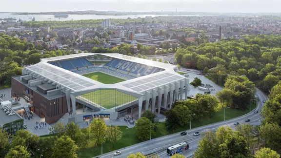 So soll das Holstein-Stadion nach dem Umbau aussehen. Los geht es mit der Nordtribüne (hier links), die zur neuen Haupttribüne wird. | Arge HPP/Ax5 Konzept des neuen Holstein Kiel Stadions in Kiel.