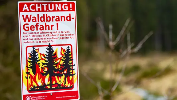 Ein Warnschild, das auf erhöhte Waldbrandgefahr aufmerksam macht | picture alliance, Swen Pförtner Ein Warnschild, das auf erhöhte Waldbrandgefahr aufmerksam macht