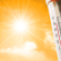 Die Sonne scheint hell an einem orangefarbenen Himmel, daneben zeigt ein Thermometer eine hohe Temperatur an. Die Sonne scheint hell an einem orangefarbenen Himmel, daneben zeigt ein Thermometer eine hohe Temperatur an.