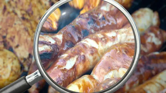 Durch eine Lupe sind verschiedene Fleisch- und Wurstsorten zu erkennen. | picture alliance Durch eine Lupe sind verschiedene Fleisch- und Wurstsorten zu erkennen.