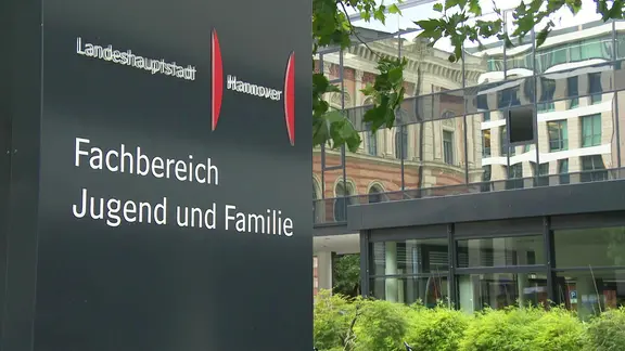 Auf einem Schild steht "Landeshauptstadt Hannover, Fachbereich Jugend und Familie".