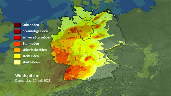 Die Sturmfront soll nach DWD-Prognose heute über der Westhälfte Deutschlands aufziehen. | NDR Eine Karte zeigt die Windspitzen am 30. Juli 2026.