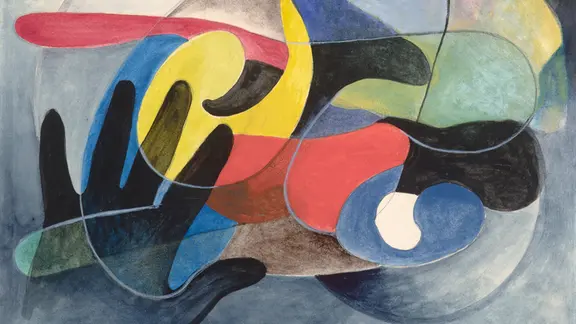 Edmund Kesting: Spielende Hände, 1928, Gouache, Tempera, laviert auf Papier, 50,2 x 37,6 cm, Privatsammlung | Michael Ehritt/VG Bild-Kunst, Bonn 2026 Abstraktes, farbiges Gemälde, das zwei Hände erkennbar lässt