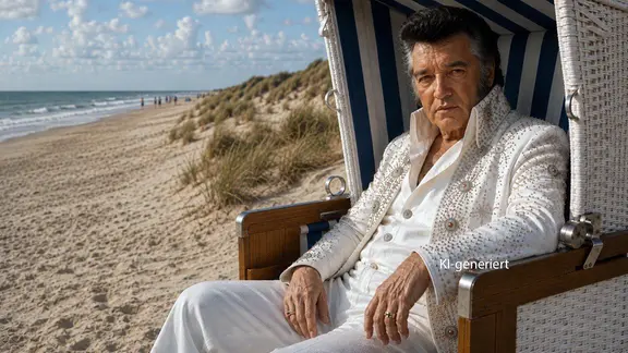 KI-generiertes Bild: Ein wie ein alter Elvis Presley aussehender Mann in einem Strandkorb am Meer