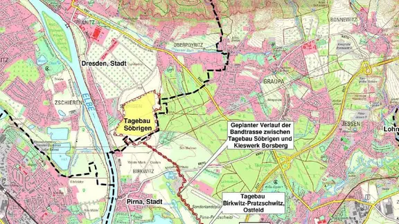 Der geplante Kiessandtagebau soll südöstlich von Dresden bei Söbrigen entstehen. | Sächsisches Oberbergamt Eine Karte die den Standort des Kiessandtagebaus Söbringen verdeutlicht.