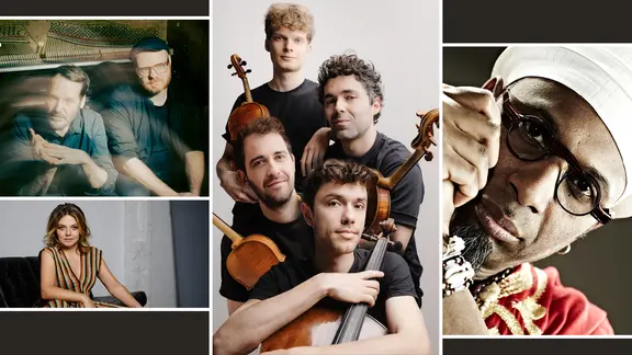 Eine Collage mit Bildern der Musiker: Gisbert zu Knyphausen & Kai Schumacher, Annett Louisan, Vision String Quartet und Omar Sosa. | SophiaHegewal, _JenniferWeylandPhotography, SanderStuart 2, Massimo Mantovan Eine Collage mit Bildern der Musiker: Gisbert zu Knyphausen & Kai Schumacher, Annett Louisan, Vision String Quartet und Omar Sosa.