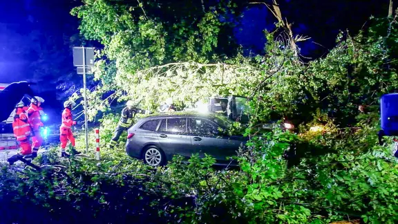 Die Feuerwehr rückte mit einem Großaufgebot an und musste die Menschen aus dem Fahrzeug befreien. | TVNewskontor Nach einem Unwetter ist ein Kleinbus unter einem Baum eingeklemmt.