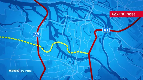 Die A26-Ost soll die A7 und die A1 im Süden Hamburgs verbinden. Hier die Pläne von 2023. | Screenshot Die geplante Trasse der A26-Ost (gelb gestrichelt).