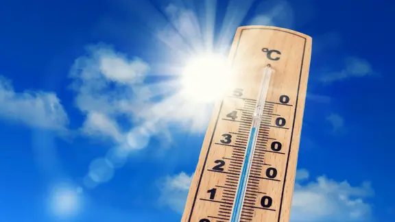 Ein Thermometer zeigt 39°C vor blauem Himmel und Sonnenschein. | Jenny Sturm Ein Thermometer zeigt 39°C vor blauem Himmel und Sonnenschein.