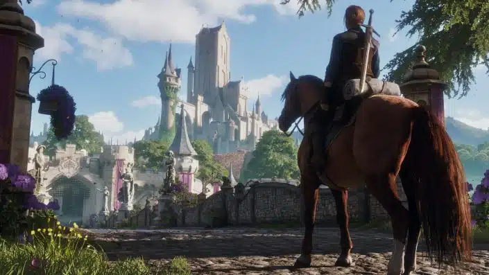 Ein Charakter auf einem Pferd mit Schwert auf dem Rücken blickt auf ein majestätisches Fantasy-Schloss in Fable. Lila Blumen schmücken den Vordergrund.