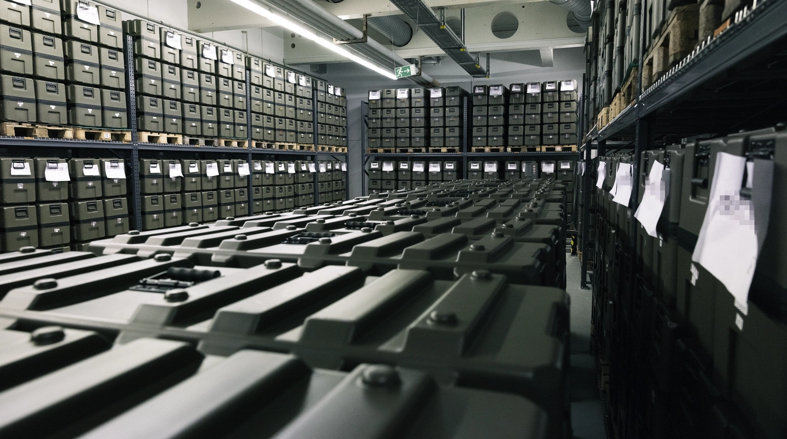 Boxes of HX-2 loitering munitions arranged in a store room awaiting delivery to a customer.