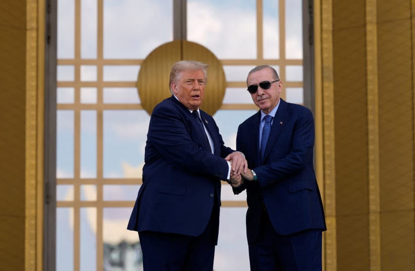 U.S. President Donald Trump shakes hands with Turkish President Recep Tayyip Erdogan as he arrives at the Bestepe Presidential Compound during a formal welcome for the NATO summit in Ankara, Turkey, Tuesday, July 7, 2026.