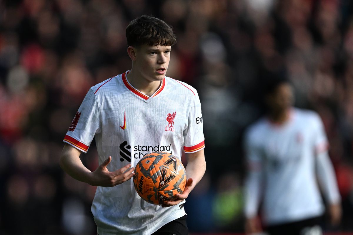 James McConnell of Liverpool prepares to take a throw in during the Emirates FA Cup Fourth Round match between Plymouth Argyle and Liverpool. 