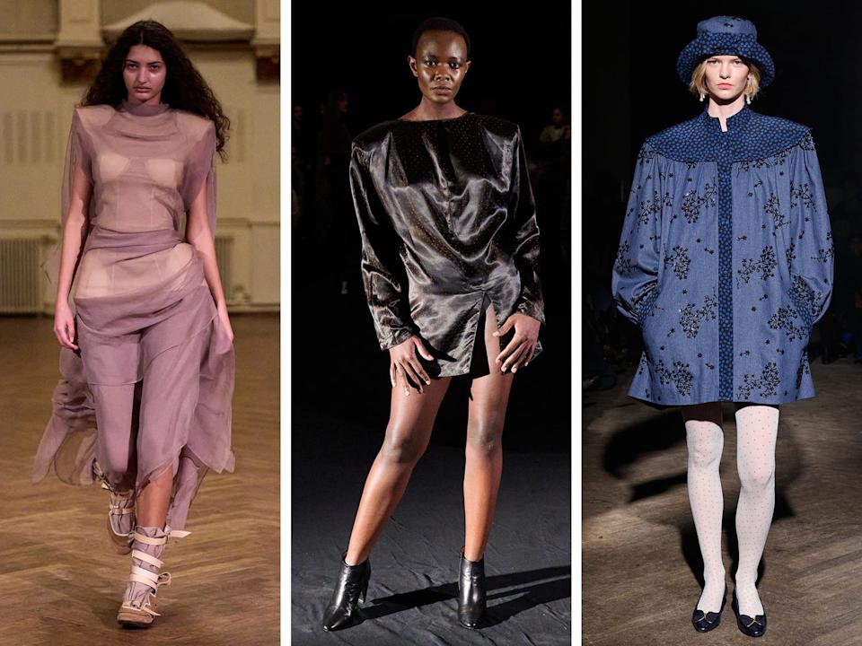 fashion runway showcasing three distinct outfits on models