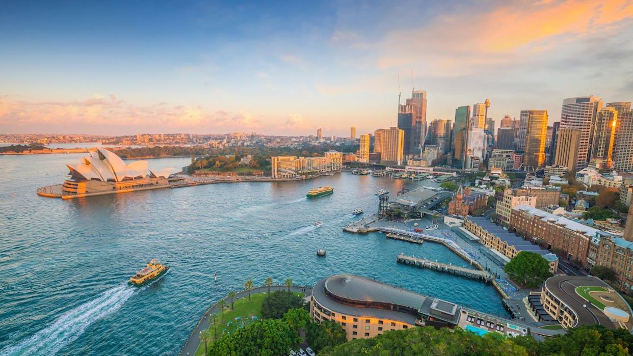 Downtown Sydney skyline in Australia from top view at twilight