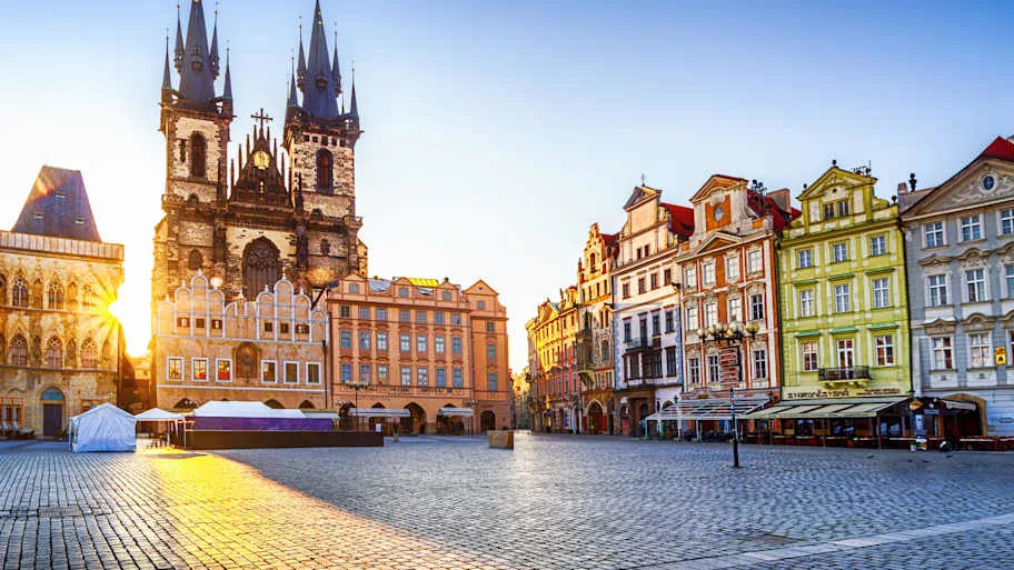 Old Town Square and Church of Our Lady before Tn in Prague at sunrise. Czech Republic