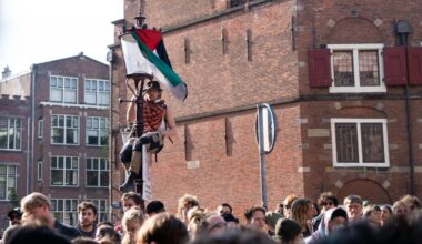 Pro-Palestinian demonstrators at the Binnengasthuis site of the University of Amsterdam in May 2024.