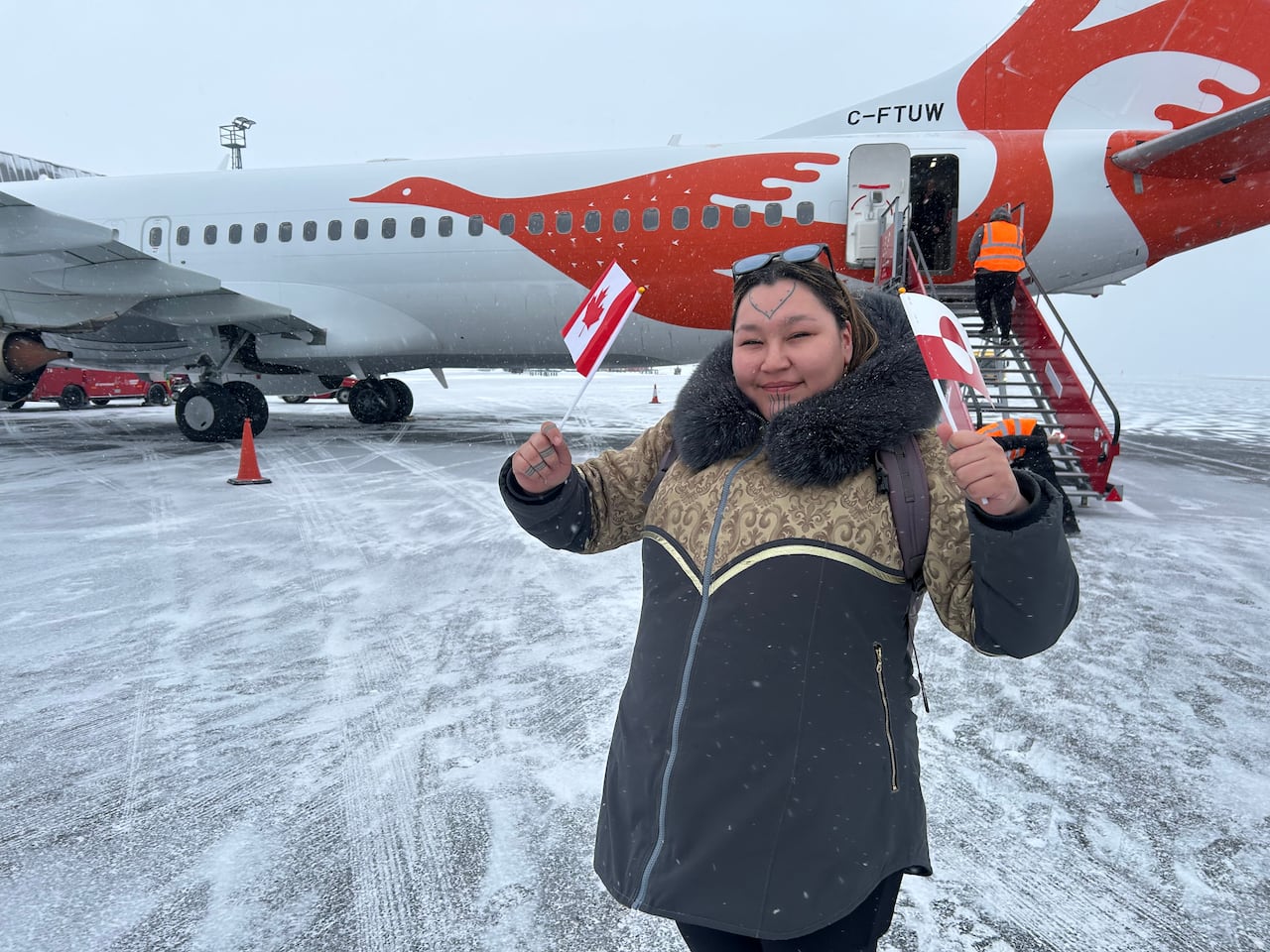 Susie-Ann Kudluk, vice-president of the Qarjuit Youth Council, arrives in Nuuk with Inuit delegation