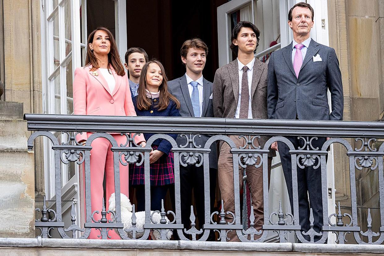 Prince Joachim of Denmark, Princess Marie of Denmark, Count Nikolai of Denmark, Count Felix of Denmark, Count Henrik of Denmark and Countess Athena of Denmark at the balcony of Amalienborg Palace for Queen Margrethe's birthday on April 16, 2023. Patrick van Katwijk/Getty