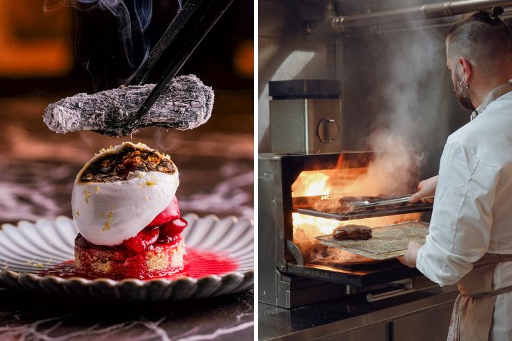 A finished fire-cooked dishes and one of the chefs cooking meat in the kitchen (© Lauri Laan).