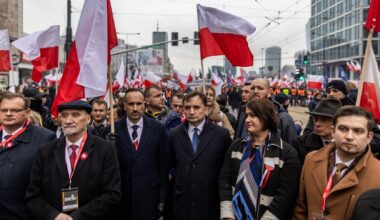 Polish Justice Minister Zbigniew Ziobro (C) attends the country's Independence Day march organised by patriotic groups in Warsaw on November 11, 2022.
